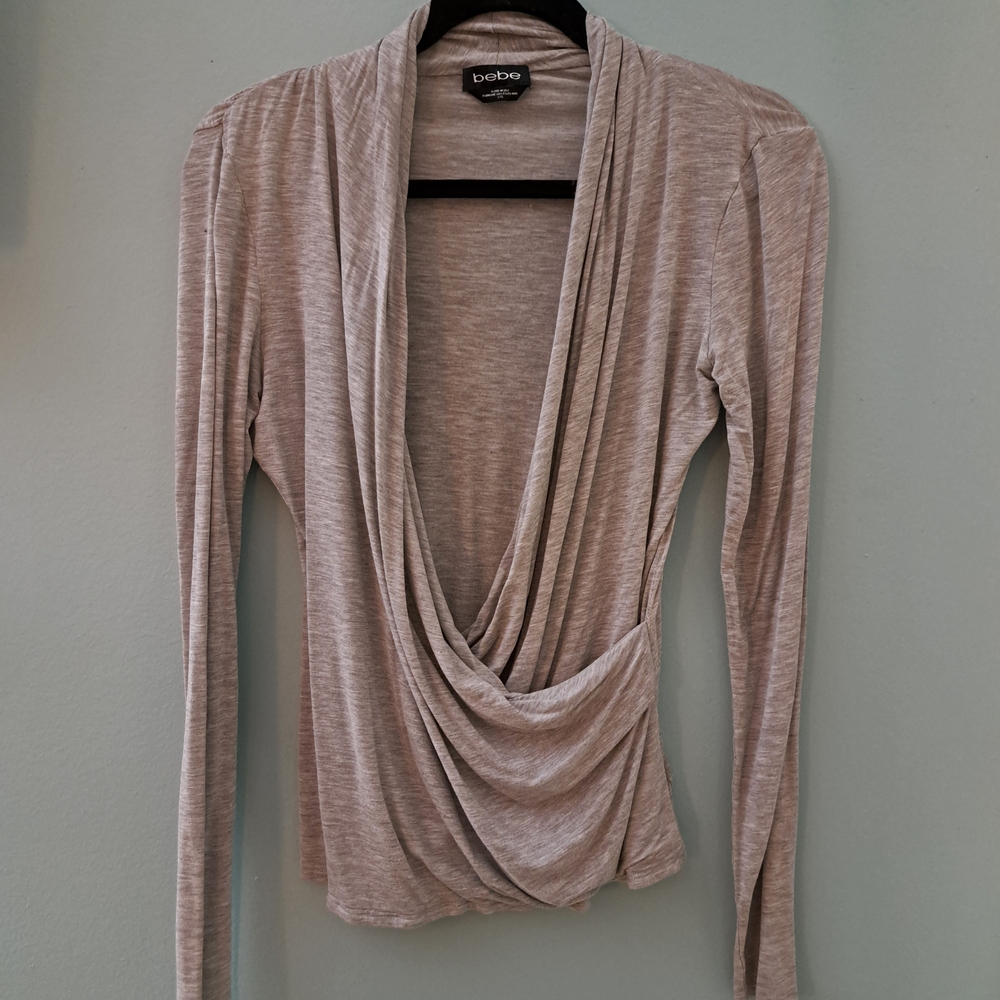 Bebe Light Gray Drape Neck Blouse